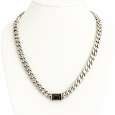 Cuban Link Chain Ironed 10 mm Wide Onyx Pendant - 999 Silver